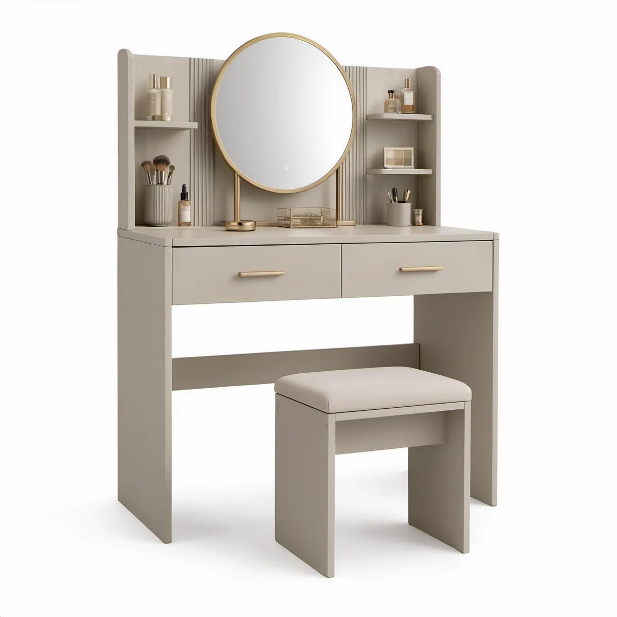 Beige toiletbord med rundt spejl, 4 hylder, 2 skuffer og polstret taburet, 100 x 40 x 140 cm