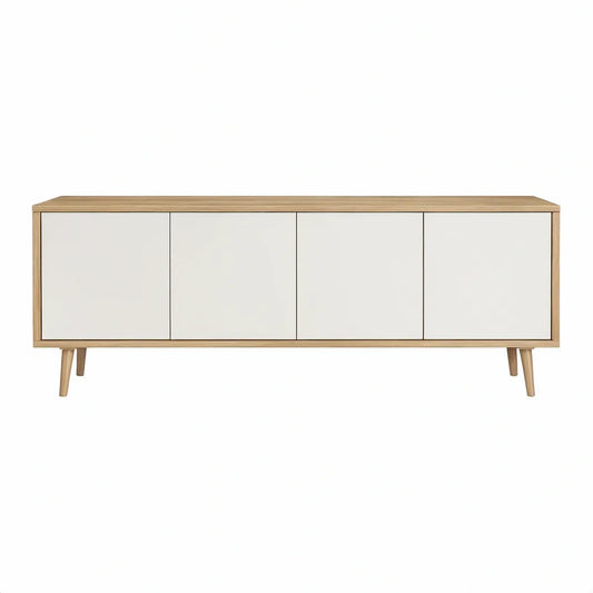 TV-bord med 4 låger i naturfarvet egetræsfiner og hvid MDF, 180 x 40 x 70 cm
