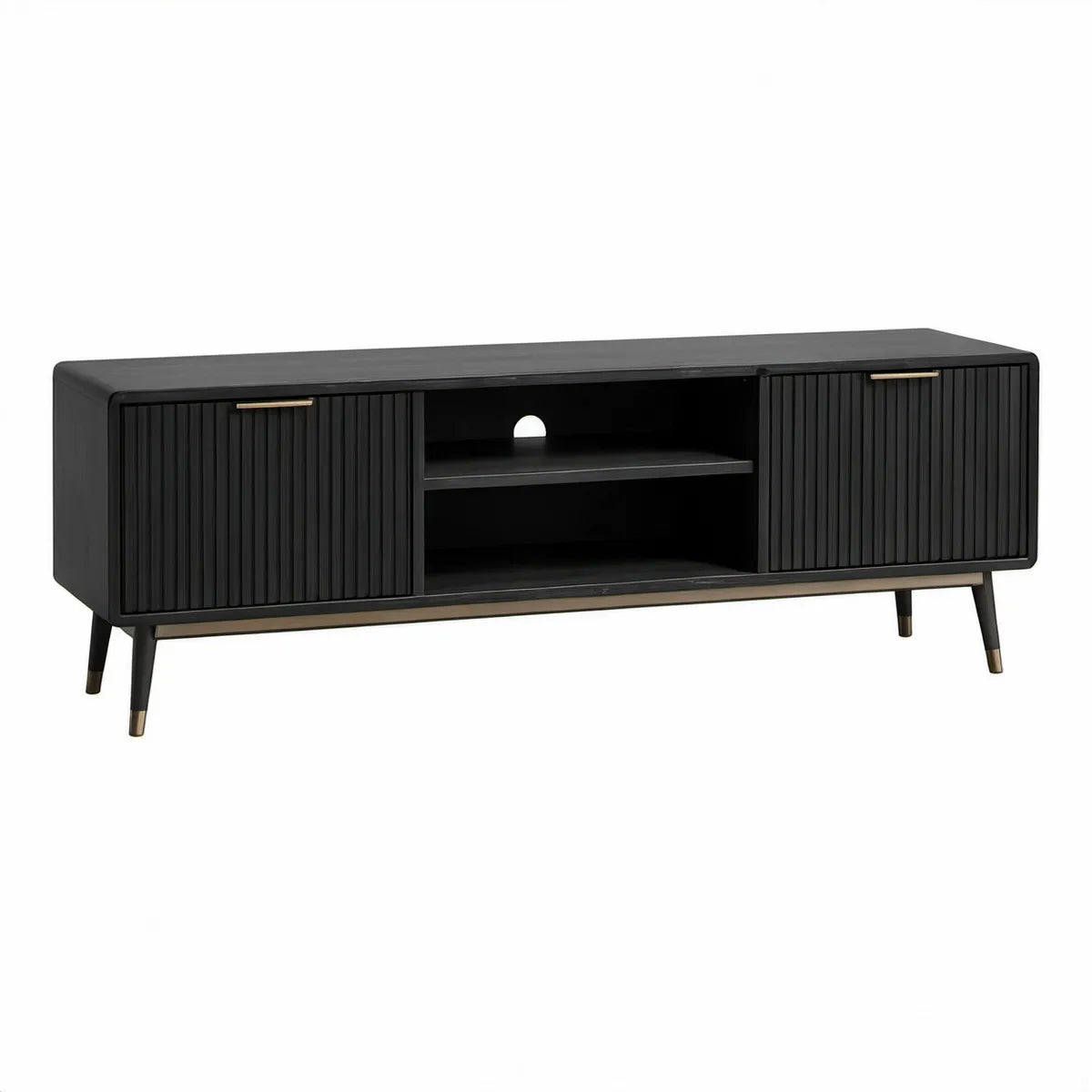 Sort TV-bord i MDF med 2 skydedøre og åbne hylder, 160 x 40 x 55 cm