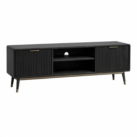 Sort TV-bord i MDF med 2 skydedøre og åbne hylder, 160 x 40 x 55 cm