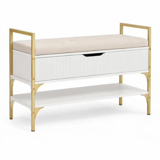 Sengebænk med skuffe og hylder 100 x 40 x 75 cm i hvid, beige og guld