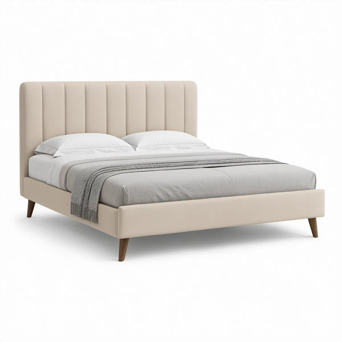 Beige polstret dobbeltseng 160 x 200 cm med brune træben