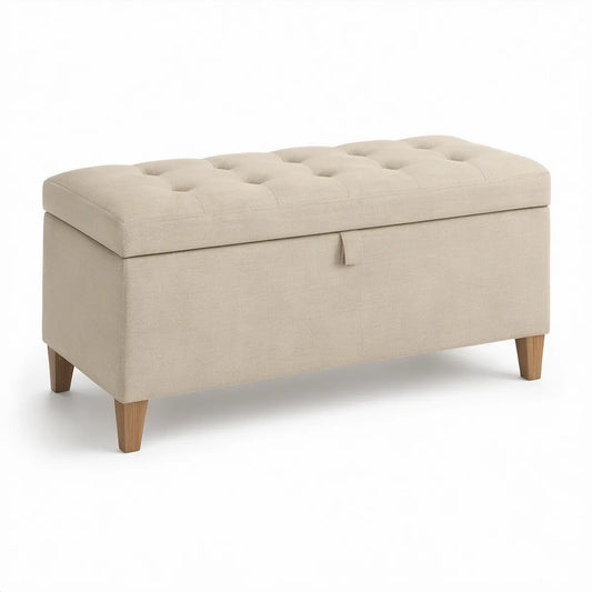 Polstret opbevaringsbænk 100 x 40 x 45 cm i beige polyester med naturfarvede fyrretræsben