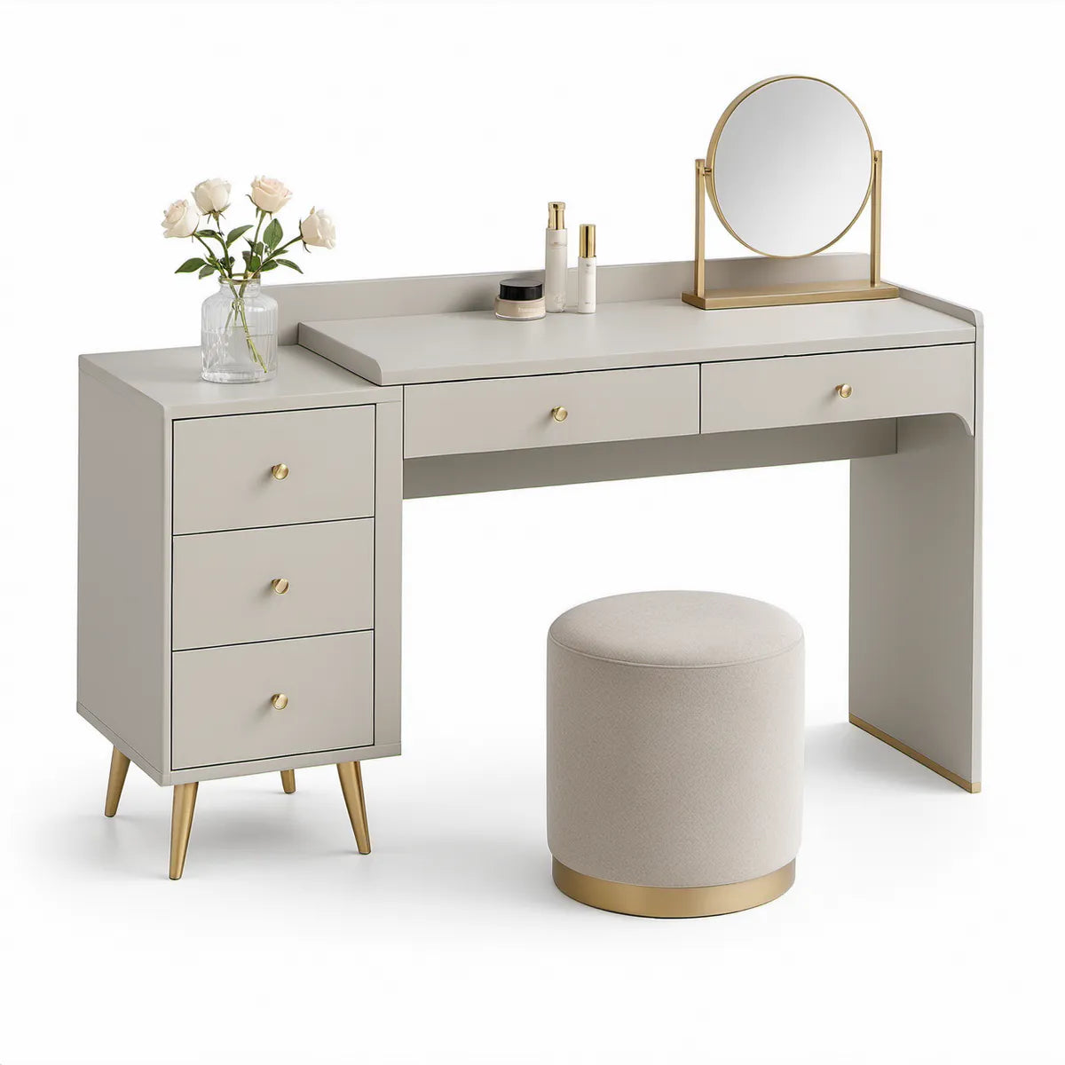 Sminkebordssæt med rundt spejl og puf, 120 x 50 x 76 cm, beige og guldfarvet