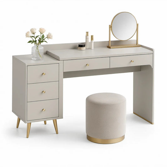 Sminkebordssæt med rundt spejl og puf, 120 x 50 x 76 cm, beige og guldfarvet