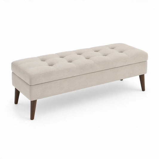 Polstret bænk i beige med mørkebrune træben, 120 x 45 x 45 cm