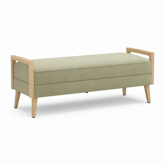 Sengebænk med opbevaring 120 x 45 x 58 cm i salviegrøn polyester og naturfarvet massivt gummitræ