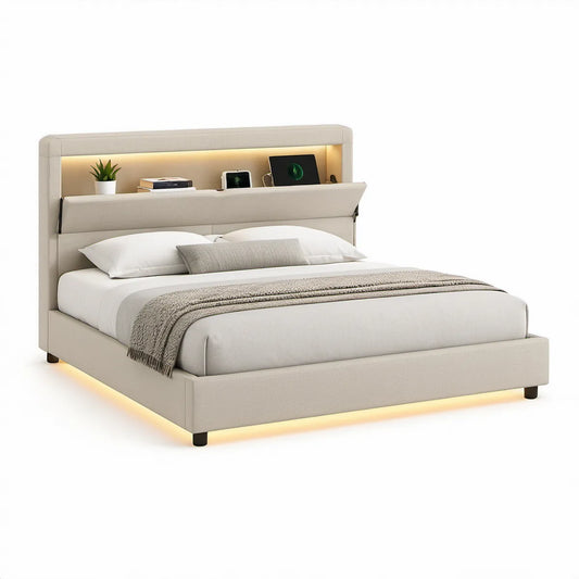 Polstret seng 180 x 200 cm med LED-belysning og hylde, beige/sort