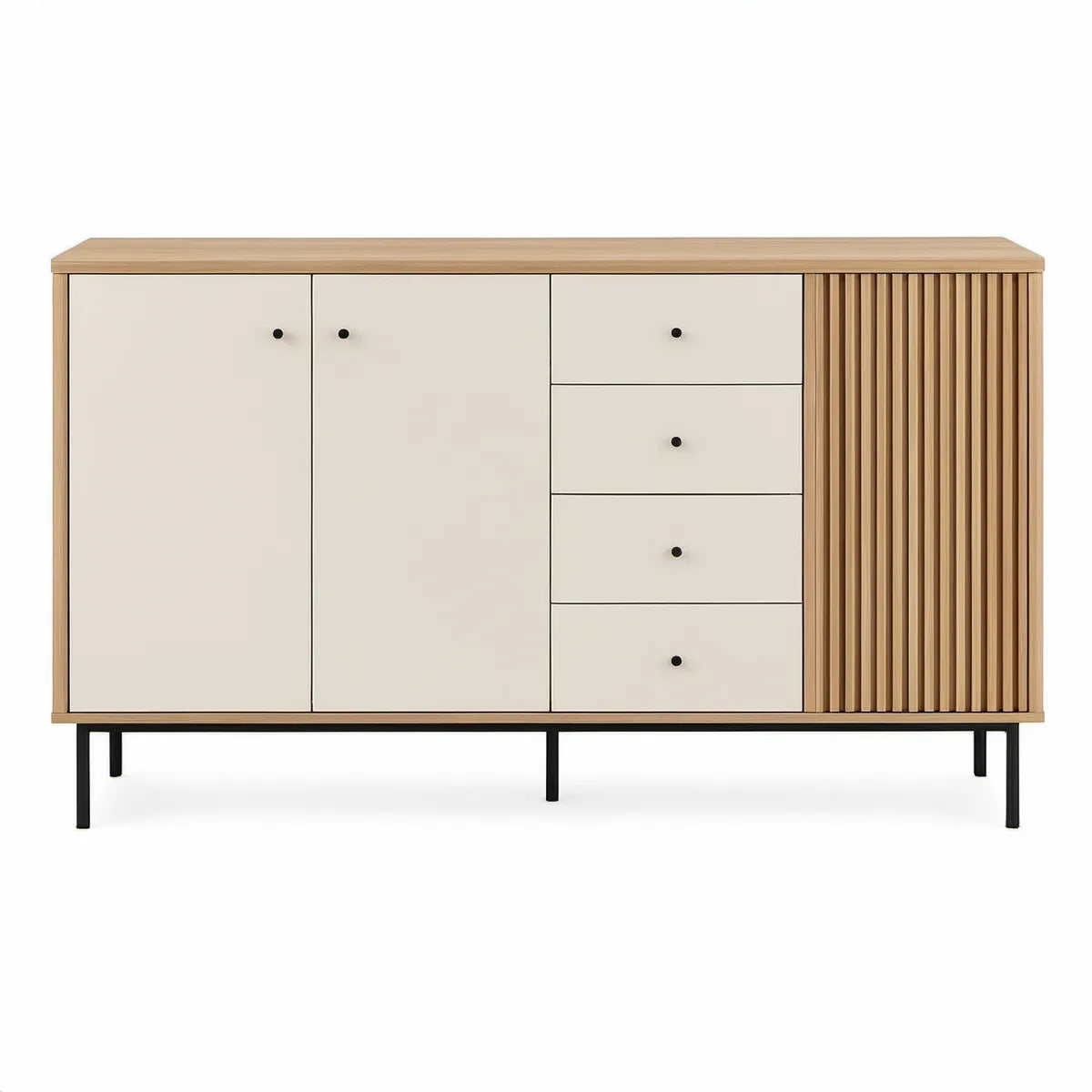 Skænk med 3 låger og 4 skuffer, 180 x 40 x 80 cm, MDF med egefiner, beige/natur eg/sort