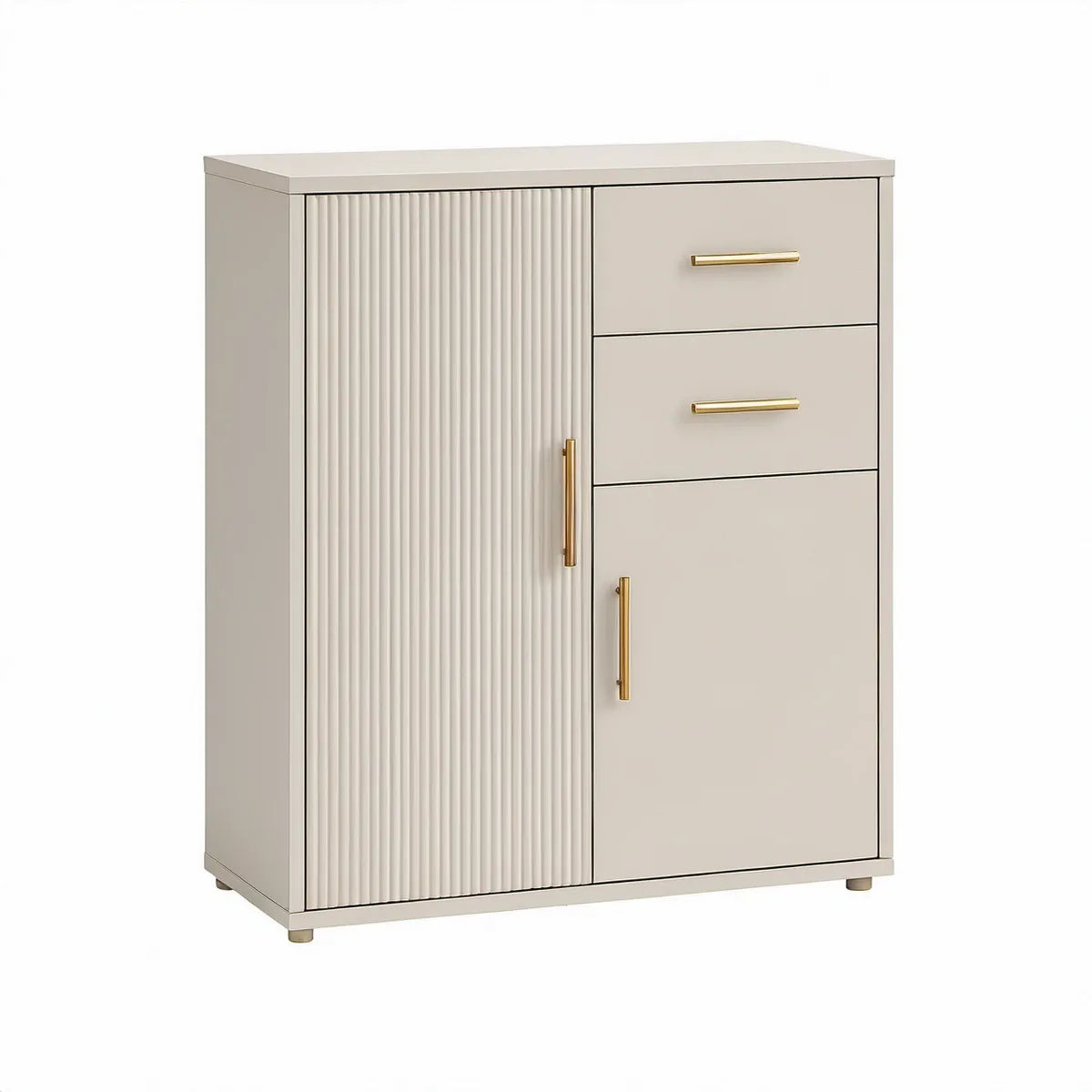 Cremefarvet skænk med guldfarvede detaljer, 2 låger og 2 skuffer, 80 x 40 x 120 cm