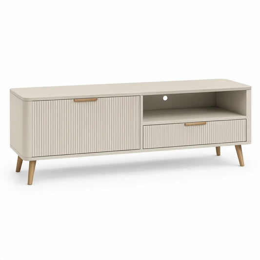 Beige TV-bord med opbevaring og naturfarvede træben, 140 x 40 x 55 cm